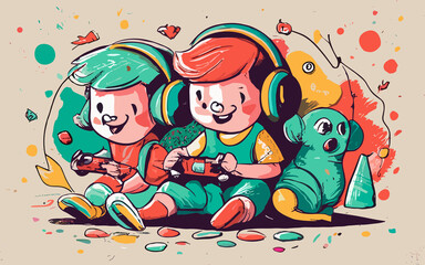 Children Uniting in Playful Fun, Illustrated in a Symphony of Bright Colors