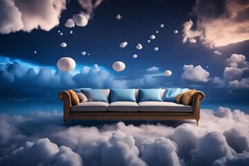 3D rendering of cozy sofa with flying pillows over fluffy clouds at night