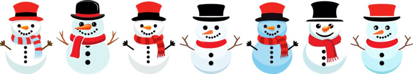 Set of Snowmen flat vector icons. Snowman with a red scarf .Collection of cute snowmen. Christmas character icons.