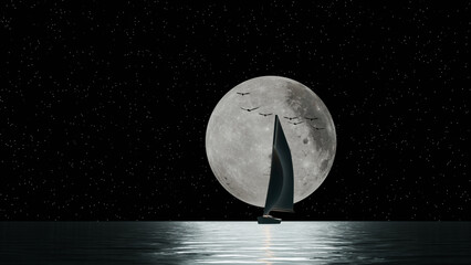 A yacht and flying seagull silhouette in a full moon night (3D Rendering)