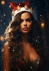 Obraz na płótnie Canvas Beautiful young woman in a Santa Claus hat, Christmas theme