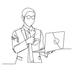 Young man showing professional work gesture carrying laptop one line art continous. Minimal concept of professional work profession job. Continuous line drawing design graphic vector illustration