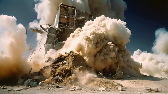 A controlled blast demolishing a towering smokestack, with plumes of dust and debris swirling into the air.