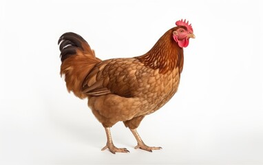 Brown chicken, hen standing isolated white background use for farm animals