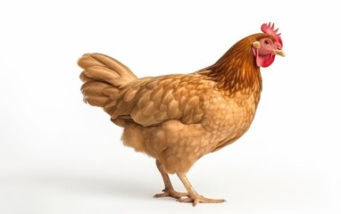 Brown chicken, hen standing isolated white background use for farm animals