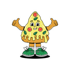 Retro groovy cartoon character fast food Pizza. Vintage mascot with psychedelic smile and emotion. Funky vector illustration
