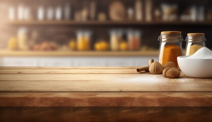 Kitchen interior table top mockup product with blurry background photography