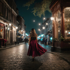 A mysterious and enchanting night scene with a lonely and elegant woman.