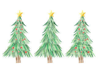 Set of watercolor Christmas tree, Decorative Christmas ornament on white background.