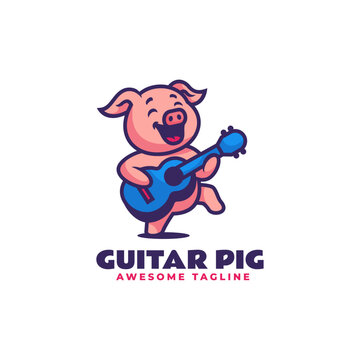 Vector Logo Illustration Guitar Pig Mascot Cartoon Style.