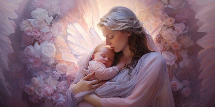 A female holds a baby in her arms, painted in pastel pink and lavender, capturing serene moments with softly luminous and dreamlike qualities.