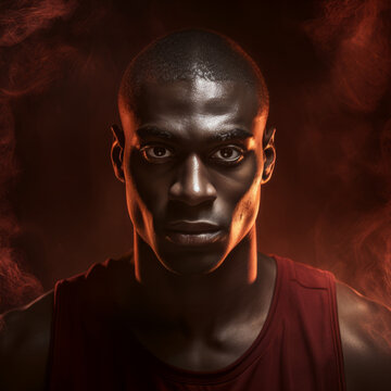 A picture of a basketball player with glowing eyes, showcasing photorealistic compositions, dark red and bronze hues, and dramatic use of lighting.