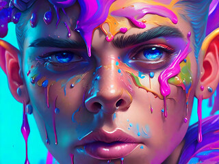 close up of a person with colorful dripping paint