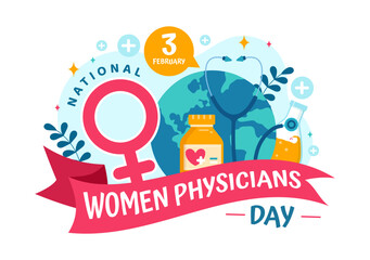 National Women Physicians Day Vector Illustration on February 3 to Honor Female Doctors Across the Country in Flat Cartoon Background Design