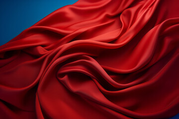 Obraz premium Red cloth falls with rippling motion, featuring dark azure and azure hues, photorealistic compositions, and a bold color scheme.