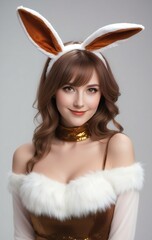 Portrait of a beautiful young woman wearing bunny ears on grey background