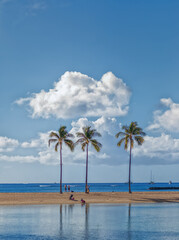 White Cumulus Cloud and Blue Sky Above Three Coconut Palm Trees at a Tropical Lagoon.