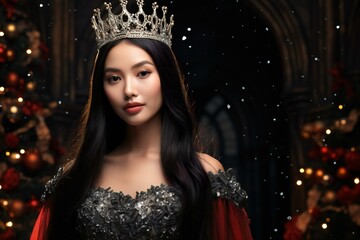 Beautiful asian woman in crown with christmas tree on background
