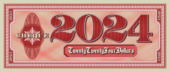 Vector sample red paper check of 2024 dollars. Bill with a frame and guilloche. Vintage cheque. - obrazy, fototapety, plakaty