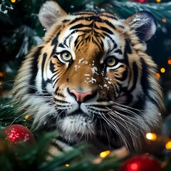 Close-up of a tiger with a Christmas tree in the background