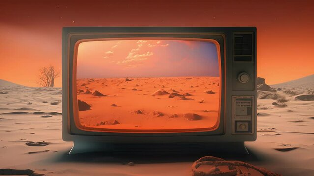 A beige and tanpanelled TV with retro s across the surface and a small orange on light. The screen has a hazy pixelated picture of an alien landscape filled with beeping