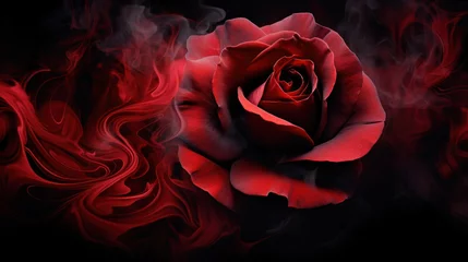 Schilderijen op glas Red rose wrapped in smoke swirl on black background © tashechka