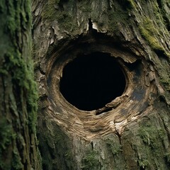 Wooden hole in the bark of a tree in the forest