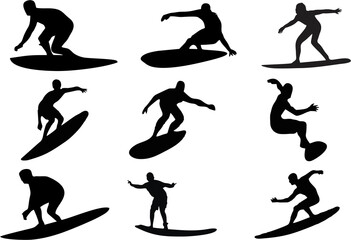 Cool surfer dude riding waves. surfers with surfboards silhouettes set isolated on white background. High HD resolution illustration. - obrazy, fototapety, plakaty