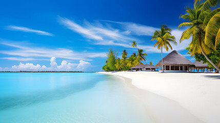 The tranquil beaches of the Maldives, with their crystal-clear waters and pristine sands, provide a picturesque setting, travel place. Ai Generated.NO.01