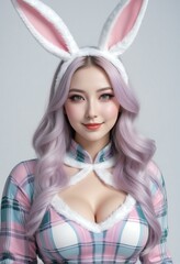 Beautiful asian woman with pink hair and easter bunny ears