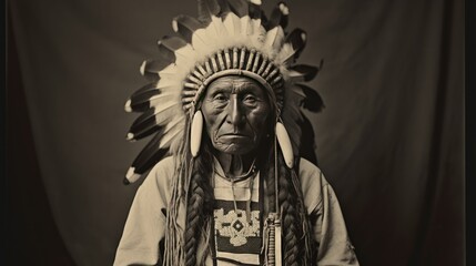 Fototapeta na wymiar Regal Native chief in traditional headdress emanating authority and seriousness.