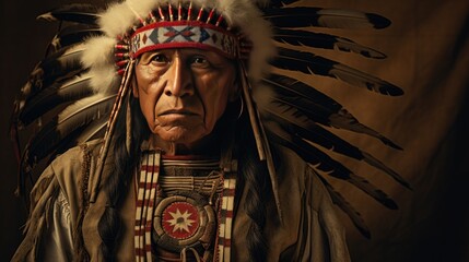 Obraz premium Regal Native chief in traditional headdress emanating authority and seriousness.
