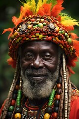 Portrait of an african man with a beard wearing a colorful headdress