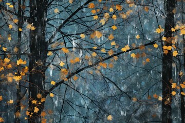 Abstract autumn forest landscape with fog and falling leaves,  Digital painting