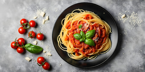 spaghetti pasta in black plate on dark background. italian food. - Powered by Adobe
