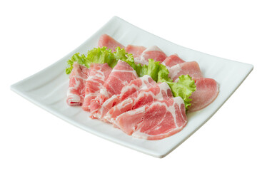 Sliced ​​Pork Neck Food for grilling shabu Arrange them on the food container. Picture of sliced ​​pork neck For designing food menus