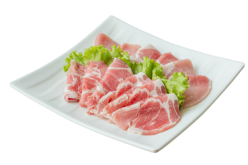 Sliced ​​Pork Neck Food for grilling shabu Arrange them on the food container. Picture of sliced ​​pork neck For designing food menus