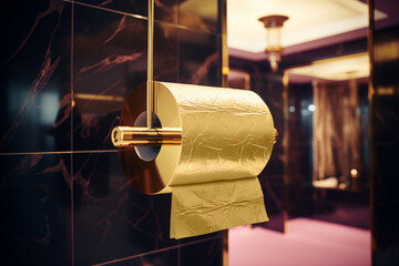 Roll of chic gold toilet paper in a luxurious restroom. Expensive toiletry in a bathroom for the rich. AI-generated