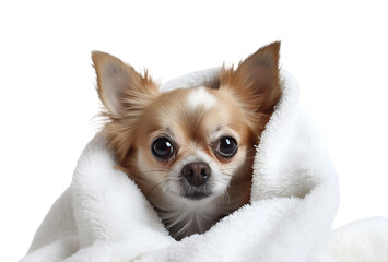 Cute wet Chihuahua puppy dog after bath is sitting wrapped in an white towel, isolated on...