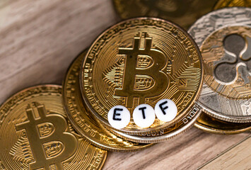 ETF text Put on bitcoin coin, Concept Entering the Digital Money Fund. (Exchange Traded Fund)