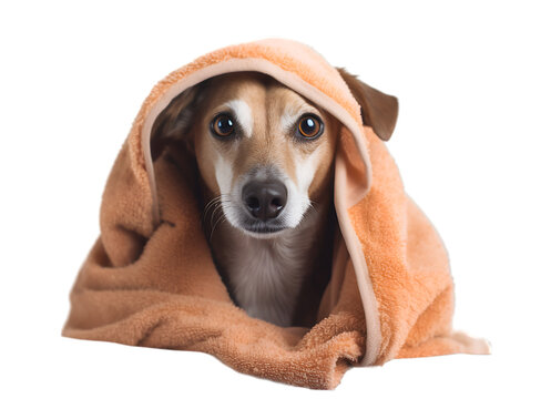 Cute brown Jack Russell puppy dog after bath is sitting wrapped in an orange colour towel, isolated on transparent background