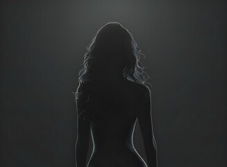 Silhouette of a beautiful woman with long hair on a dark background