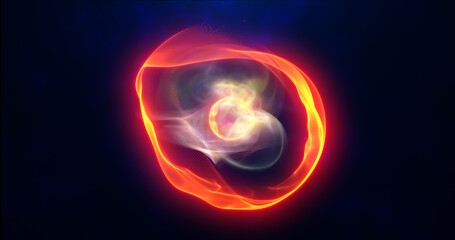 Orange energy sphere with glowing bright particles, atom with electrons and elektric magic field scientific futuristic hi-tech abstract background