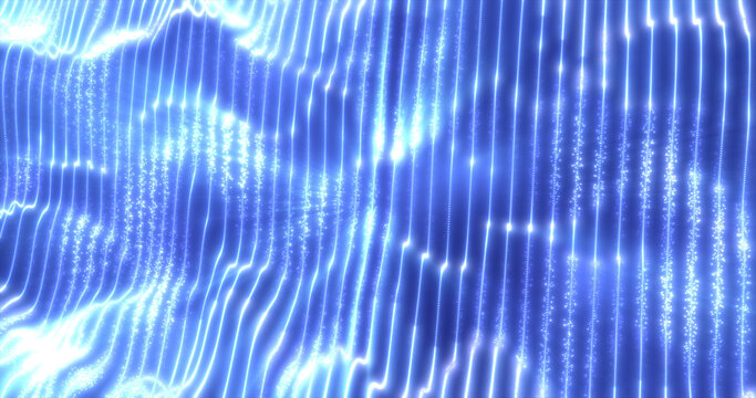 Blue energy waves from particles glowing bright magical abstract background
