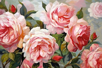 Oil painting of peony flowers on canvas,  Hand drawn illustration
