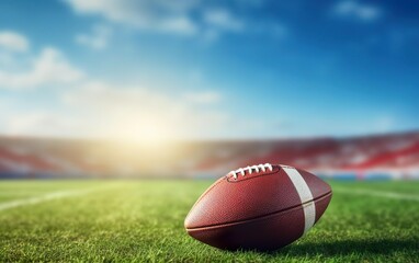 Super bowl poster. Photorealistic American football on stadium green grass background. Day light, sunny weather, soft shadows. Championship game banner with no people around. Rugby ball. AI Generative