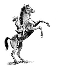 Cowboy riding a horse. Hand-drawn ink black and white 