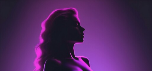 Silhouette of a beautiful woman with long wavy hair on a purple background