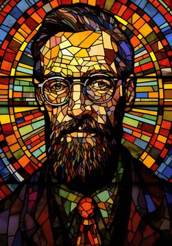 Stained glass window depicting a man with a beard and glasses
