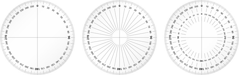 Protractor round ruler for architecture measure. Math tool for angle degree blueprint drawing. Circular scale gauge isolated on white background. - obrazy, fototapety, plakaty